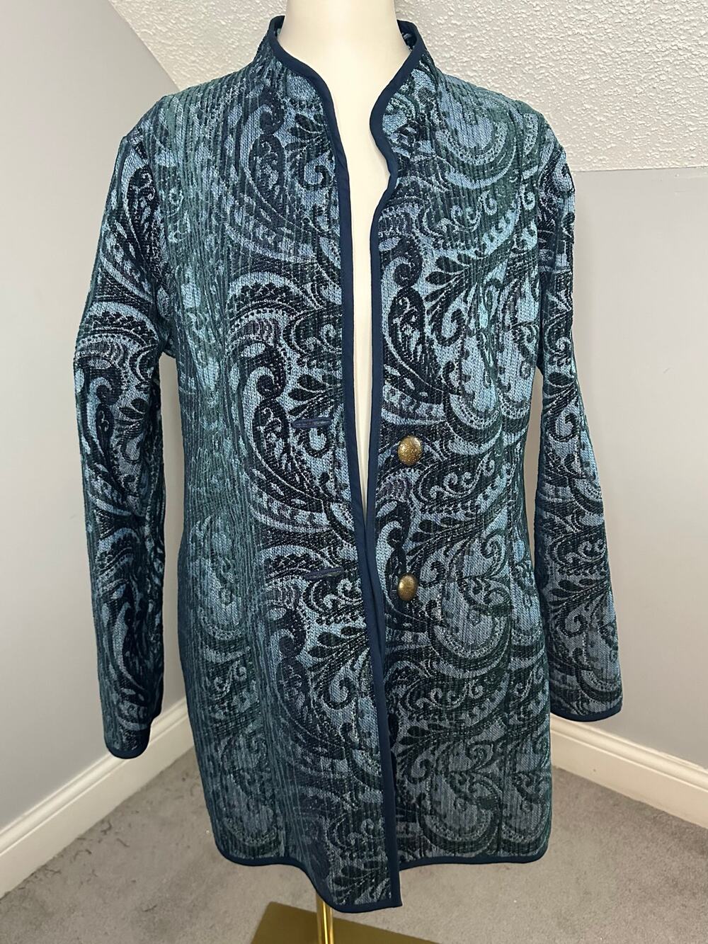 EUC Trimdin Navy Aqua Paisley Jacquard Tapestry Print Jacket Sz L READ
